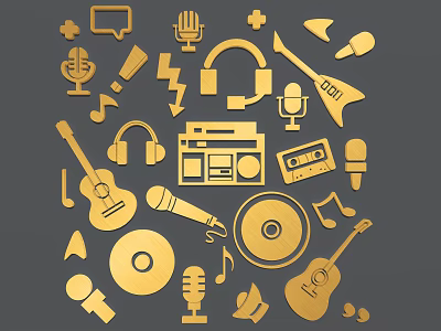 Golden Music Icons Collection Featuring Microphones Headphones Guitars Vinyl Records And Musical Notes 3d model