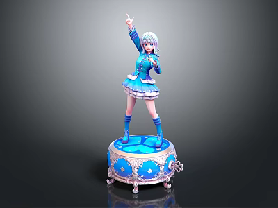 Anime Game Character Statue with Silver Hair Blue Outfit Raised Hand and Decorative Base 3d model