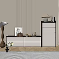 Modern White Entryway Cabinet and Side Cabinet With Drawers Table Lamp Vase And Striped Rug