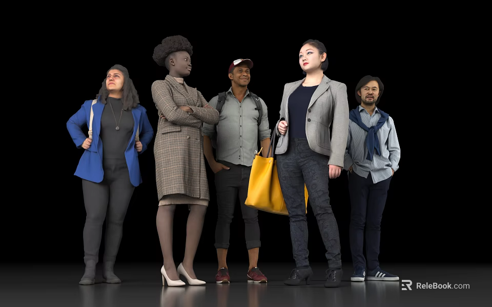 Group of Diverse People Standing Together With Various Clothing Styles On Black Background 3d model 