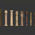 Scenic Arrangement of Columns in Various Styles with Colorful Textures on Black Background