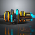 Futuristic Spacecraft Design With Yellow Black Segments And Blue Thrusters