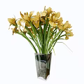 Beautiful Yellow Iris Flowers in Modern Gray Vase with Green Leaves