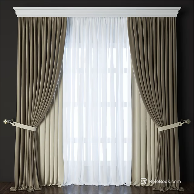 Elegant Brown Curtains With White Sheer Panels And Curtain Tiebacks 3d model 