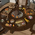 Traditional Chinese Tea Set on Round Wooden Table with Assorted Desserts Fresh Fruits and Nuts