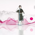 Traditional Oriental Ornament Decor Combination With Landscape Figurine Pink Waves And Red Sun