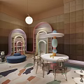 Pastel Colored Bookshelves Round Table Blue Chairs In Playful Interior Space With Soft Lighting