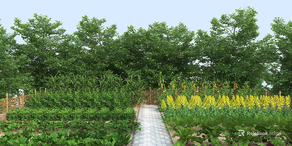 Garden Landscape With Stone Pathway Lush Green Plants Yellow Flowers And Tall Trees 3d model 