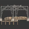 Industrial Metal Frame Structure with Sandbags and Concrete Base Supports