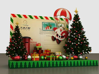 Festive Christmas Scene With Santa Parachute Trees Gifts Envelope And Postbox 3d model