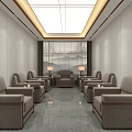 Modern Hotel Public Lounge Area With Gray Sofas Coffee Tables Marble Flooring And Landscape Curtains