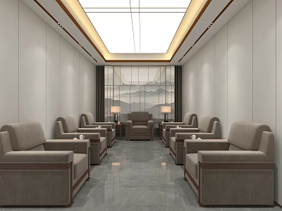 Modern Hotel Public Lounge Area With Gray Sofas Coffee Tables Marble Flooring And Landscape Curtains 3d model