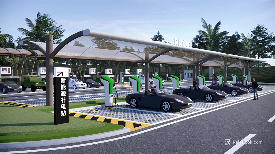 New Energy Charging Station with Multiple Charging Piles and Parked Cars Under Canopy 3d model 