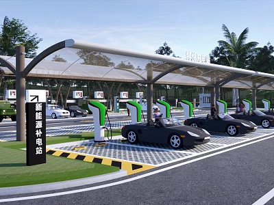 New Energy Charging Station with Multiple Charging Piles and Parked Cars Under Canopy 3d model