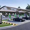 New Energy Charging Station with Multiple Charging Piles and Parked Cars Under Canopy