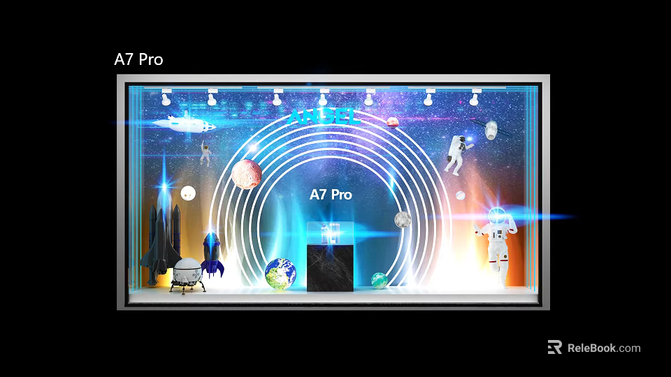 A7 Pro Themed Store Window Display Featuring Astronaut Planet Rocket And Lighting 3d model 
