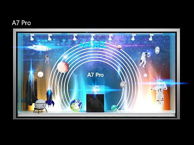 A7 Pro Themed Store Window Display Featuring Astronaut Planet Rocket And Lighting 3d model