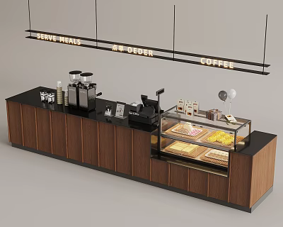 Modern Café Counter With Coffee Machine Pastry Display Case And Wooden Cabinets 3d model