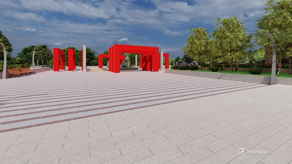 Open Plaza With Red Geometric Structures And Striped Ground Under Blue Sky With Trees 3d model