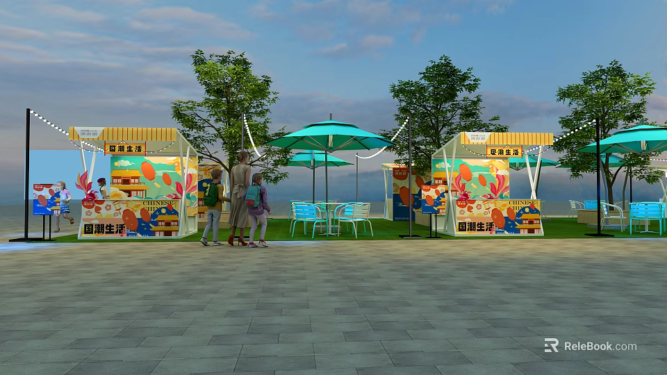 Vibrant Commercial Street With Colorful Stalls Green Trees And Blue Umbrellas 3d model 