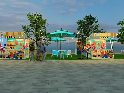 Vibrant Commercial Street With Colorful Stalls Green Trees And Blue Umbrellas 3d model