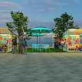 Vibrant Commercial Street With Colorful Stalls Green Trees And Blue Umbrellas