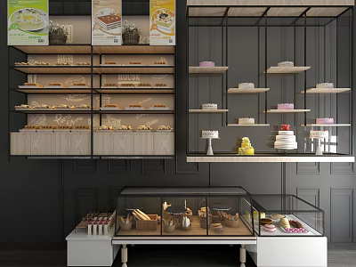 Bakery Shop Display Shelves with Glass Showcase and Organized Bread Cakes Pastries 3d model