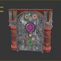 Vintage Industrial Gray Entrance Gate With Gear Decor Clock Red Columns And Wooden Top