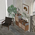 Wooden Decorative Cabinet In Living Room With Chair Plant Table Lamp And Framed Art