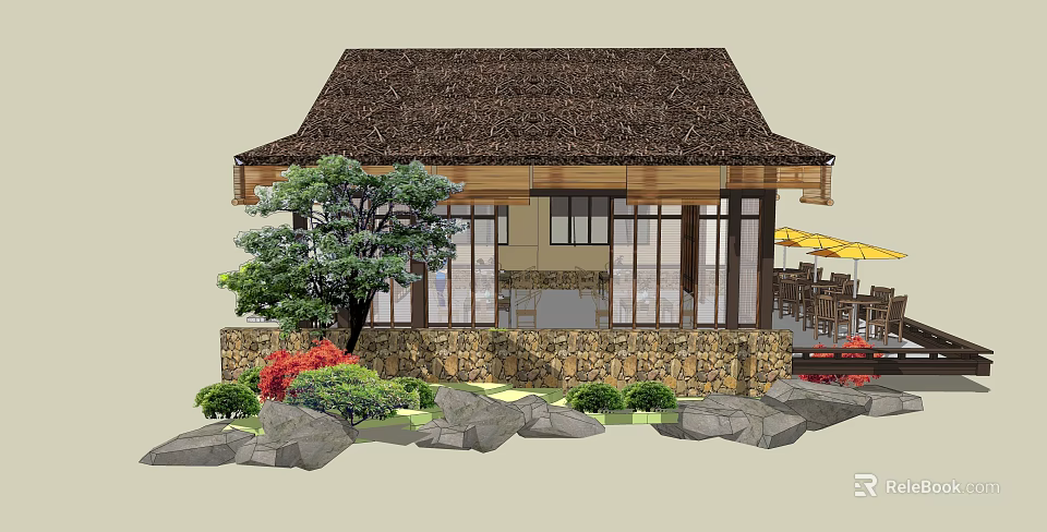 Traditional Ancient Architecture with Thatched Roof and Stone Courtyard Surrounded by Green Plants and Trees 3d model 