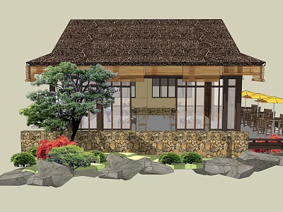 Traditional Ancient Architecture with Thatched Roof and Stone Courtyard Surrounded by Green Plants and Trees 3d model