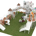 Multi Level Playground Equipment With Slides Climbing Frames Canopies And Rotating Components On Grass Lawn