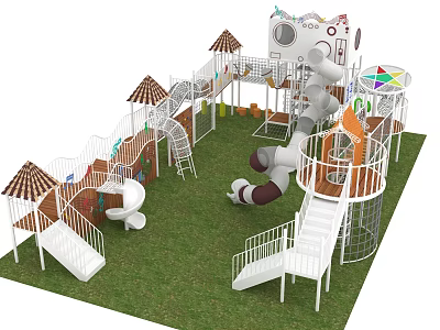 Multi Level Playground Equipment With Slides Climbing Frames Canopies And Rotating Components On Grass Lawn 3d model