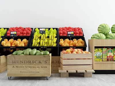 Fresh Fruits And Vegetables On Display Shelves With Wooden Crates And Pallets 3d model