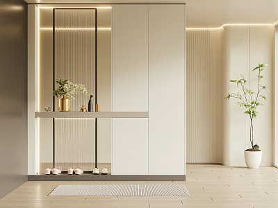 Modern Shoe Cabinet With Mirror Front Decorative Vases Plants Rug And Shoes Storage 3d model