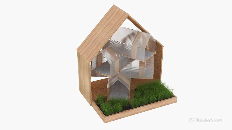 Wooden Architectural Model With Transparent Internal Structure Grass Base And Small Decorative Elements 3d model