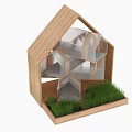 Wooden Architectural Model With Transparent Internal Structure Grass Base And Small Decorative Elements 3d model