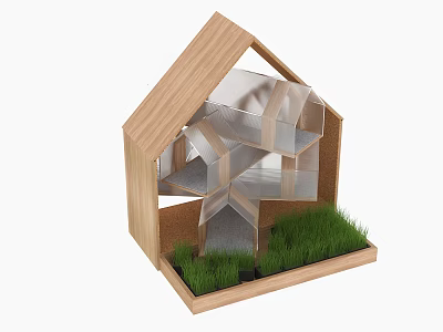Wooden Architectural Model With Transparent Internal Structure Grass Base And Small Decorative Elements 3d model