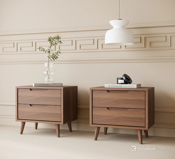 Walnut Wooden Bedside Tables With Two Drawers Vase Books And Alarm Clock Decor 3d model 