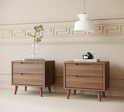 Walnut Wooden Bedside Tables With Two Drawers Vase Books And Alarm Clock Decor 3d model