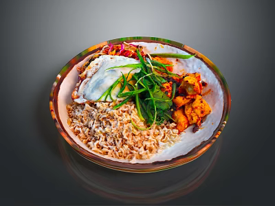 Delicious Rice Bowl With Fried Egg Green Scallions And Crispy Chicken Pieces 3d model
