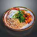 Delicious Rice Bowl With Fried Egg Green Scallions And Crispy Chicken Pieces