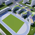Modern Campus Architecture With Sports Field Running Track And Green Lawn