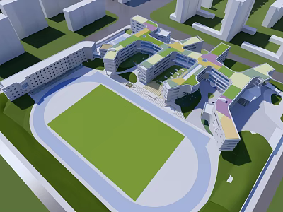 Modern Campus Architecture With Sports Field Running Track And Green Lawn 3d model