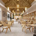 Hotel Lobby With Wooden Ceiling Hanging Lights Bookshelves Tables Chairs And Natural Light