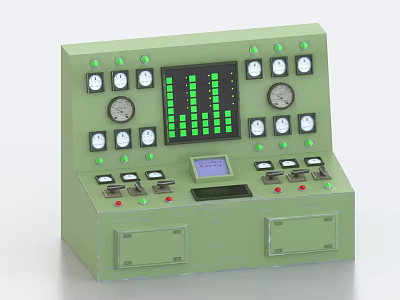 Industrial Control Panel With Multiple Instruments Green Indicator Lights Control Buttons And Digital Display Screen 3d model
