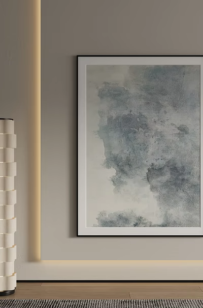 Abstract Blue Gray Landscape Painting Hanging On Light Gray Wall With Modern Floor Lamp 3d model