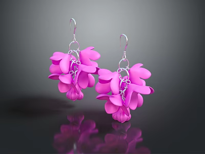 Pink Petal Shaped Earrings With Silver Hooks And Dainty Chain Design 3d model
