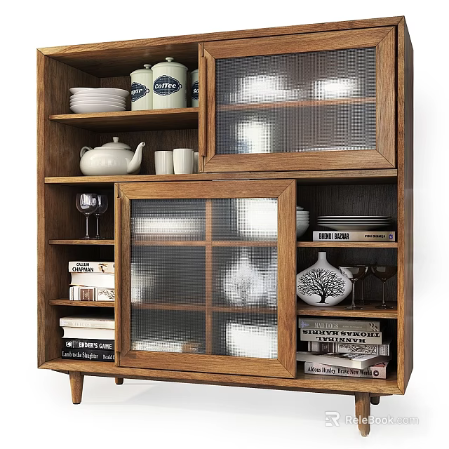 Modern Wooden Sideboard with Glass Doors and Storage Shelves for Dishes Teapot Books Vases 3d model 