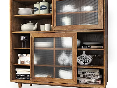 Modern Wooden Sideboard with Glass Doors and Storage Shelves for Dishes Teapot Books Vases 3d model